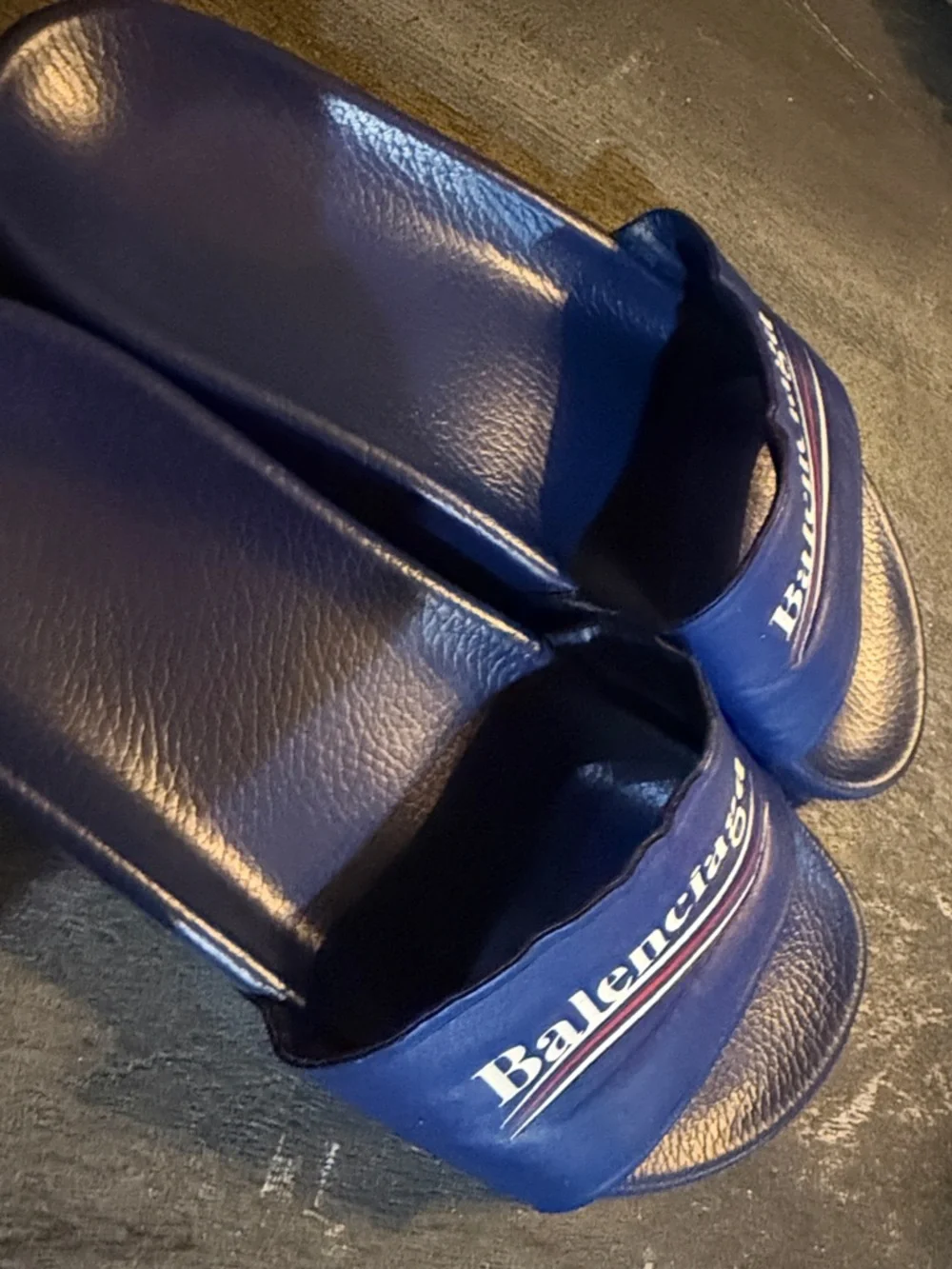 Balenciaga Royal Blue Leather Logo Slide Sandals